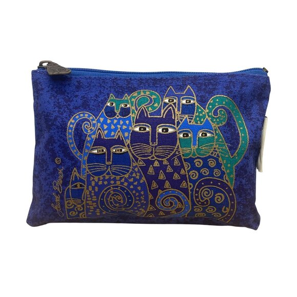 Laurel Burch Women’s Blue Canvas Zipper Whimsical Cat Artwork Small Pouch Bag - Picture 1 of 8